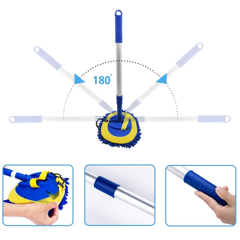 LeeLoon 2 in 1 Microfiber Car Wash Mop Mitt with 45" Aluminum Alloy Long Handle,Chenille Car Cleaning Kit Brush Duster with Scratch Free for Washing Car/Truck/RV,2 Mop Head and 1 Towels and Air Vent Duster - Image 4